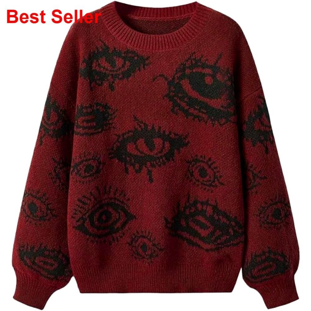 Oversized Crewneck Pullover Sweater Goth Grunge Pattern Winter Tops